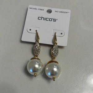 Chico's NWT Gold Pearl Drop Earrings with Pave Accents